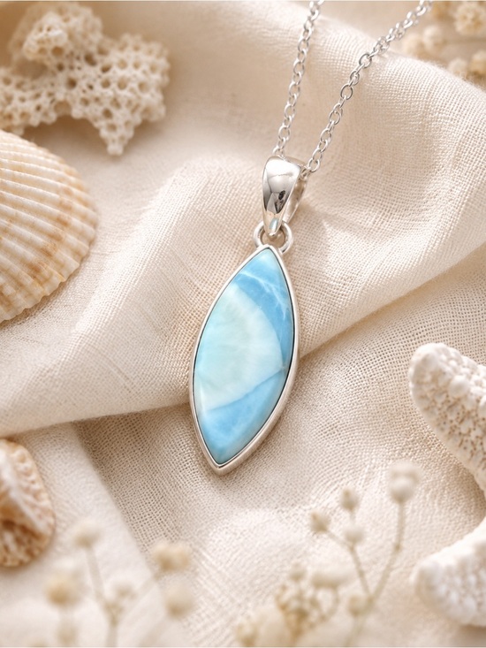 Artisan Jewelry - Natural Larimar Marquise Pendant | 925 Sterling Silver Timeless Everyday #550